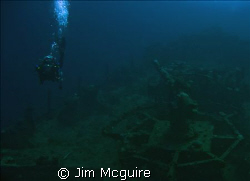 Diver swimming passed an anti-aircraft gun on a sunken Ja... by Jim Mcguire 